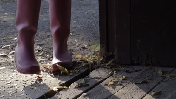 Peoples feet entering wooden rustic barn for shelter alt