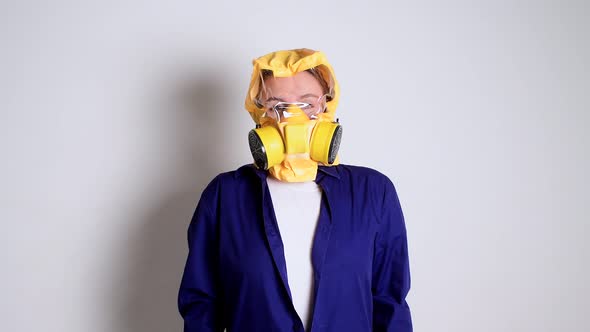 European Woman in Yellow Epidemic Mask Covid-19 Virus, Isolated alt