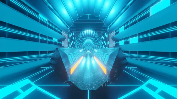 Vj abstract neon concept of sci-fi corridor. 3d blue orange light tunnel.