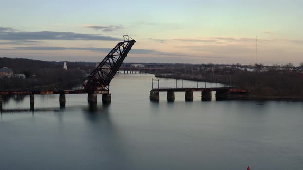 Aerial Orbit Crooked bridge with a beautiful sky in Providence Rhode Island, alt