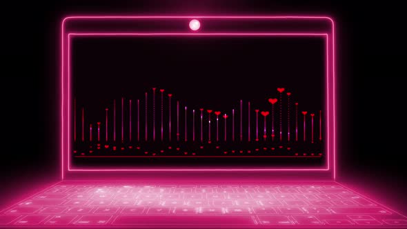 Love equalizer with red hearts on neon light notebook screen