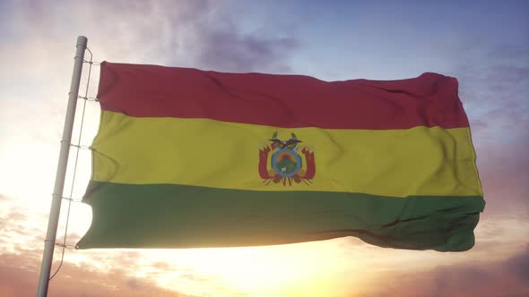 Flag of Bolivia Waving in the Wind Sky and Sun Background alt