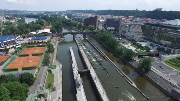 Aerial of Vltava River canal