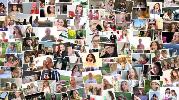 Video collage of smiling people, various images in the form of a large video wall of TV alt