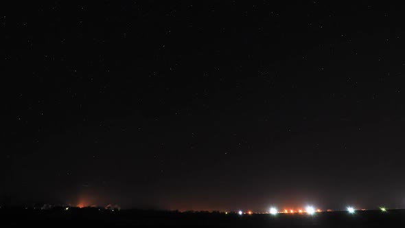 Night Starry Sky With Glowing Stars Above Landscape With Town City Lights alt
