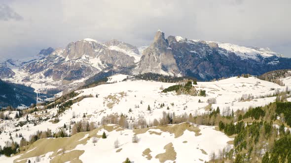 Aerial, Beautiful View On Snowy Dolomites Mountains, Huge Peaks And Beautiful Winter Landscape