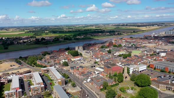Aerial footage of the beautiful town of King's Lynn a seaport and market town in Norfolk England UK alt