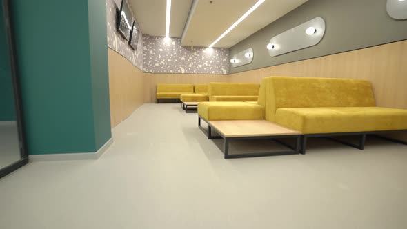 Empty Modern Waiting Room in Business Center with Sofas