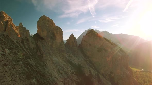 Flying across the ridge in Dolomites in Italy