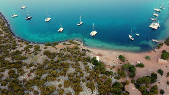 Catamaran and Sail Yachts Anchored at Bay on Deep Blue Sea Water on Sunrise alt