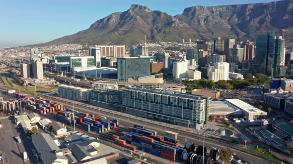 Aerial view of the city with Table Mountain in background.