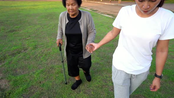 slow-motion of woman hold hands of elderly woman and walking in the park alt