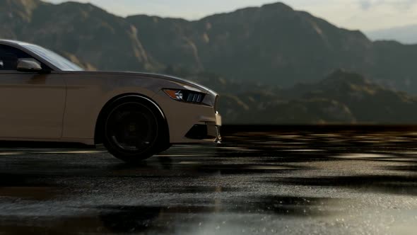 Luxury White Sports Car Driving On Wet Asphalt