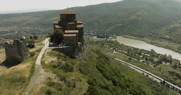 Aerial Drone Of Mountaintop Monastery Of Jvari Near Mtskheta, Eastern Georgia. alt