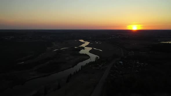Aerial View On the River at Sunset of Urzhum Kirov Region