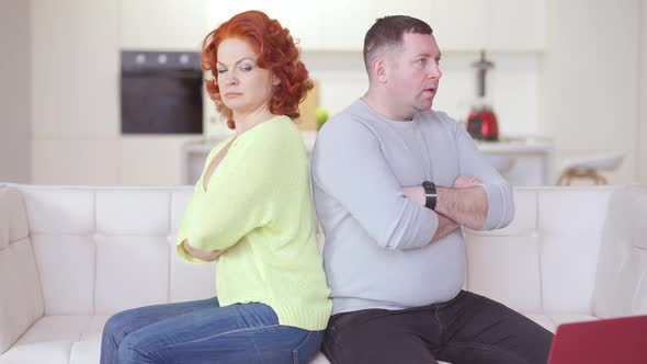 Argued Adult Couple Sitting Back to Back on Couch Thinking alt