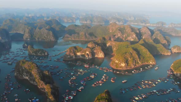 Aerial: Sunset Clear Sky at Cat Ba Island and Lan Ha Bay, the Biggest Island in Ha Long Bay, Vietnam alt