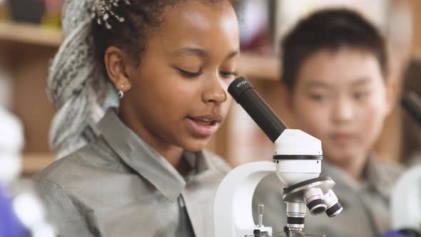 Lesson in a Modern School, Kids Look at Microscopes and Communicate in a Chemistry Lesson, the alt