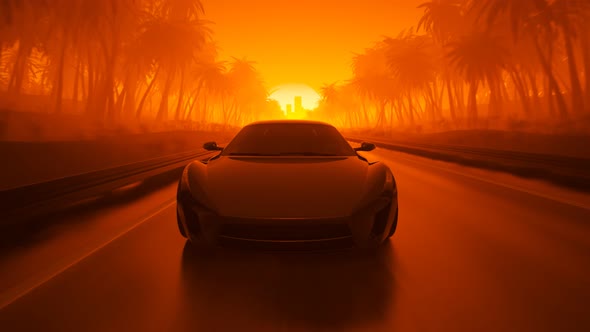 Synthwave style sport car driving towards the city High speed automotive concept