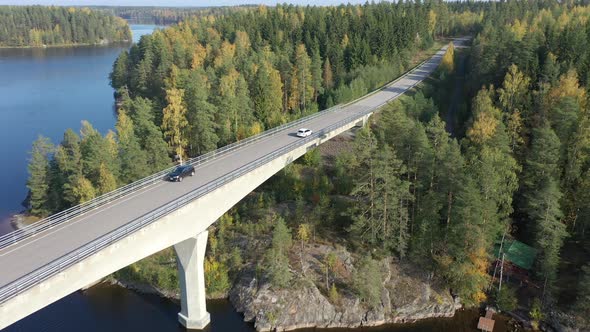 Cars Passing Through the Bridge Across Lake Saimaa in Finland
