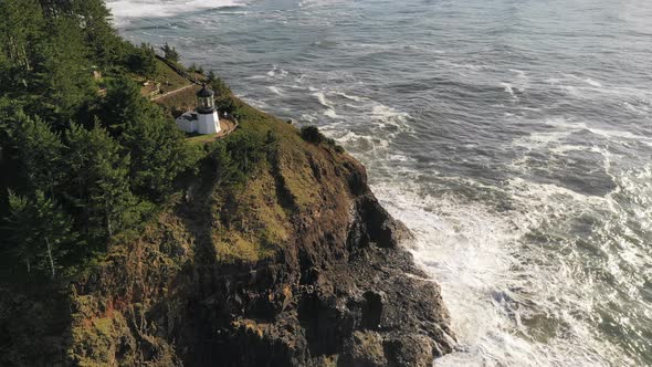 Cape Meares Lighthouse High Bluff Aerial Oregon Coast USA 4k UHD