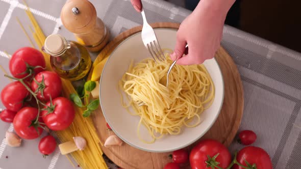Making Pasta Carbonara  Putting Spaghetti to Ceramic Dish alt