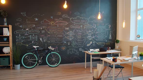 Zoom-out of Modern Creative Office with Blackboard Wall and Desks with No  People, Stock Footage