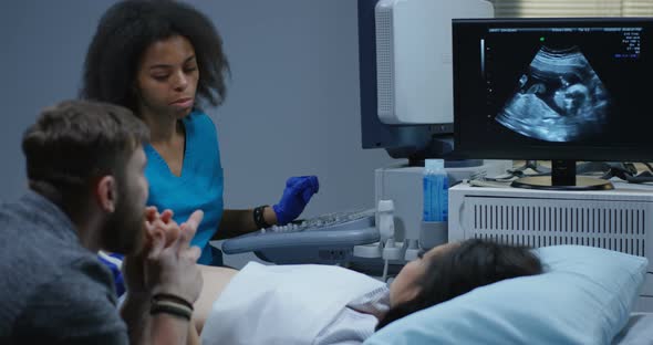 Doctor Examining Pregnant Woman with Ultrasound alt