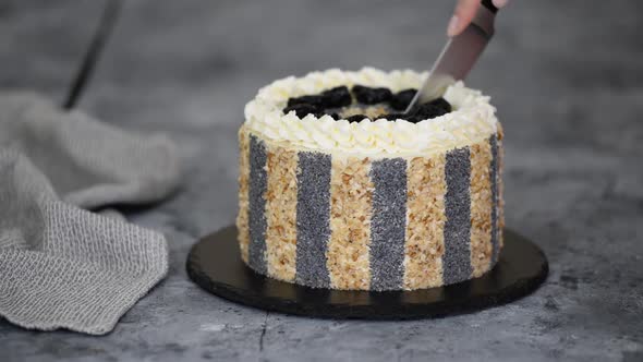 Woman Cutting a Delicious Cake with Prunes Nuts and Poppy Seeds
