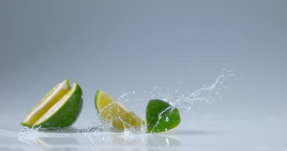 Green Lemons, citrus aurantifolia , Fruits falling on Water, Slow Motion 4K alt