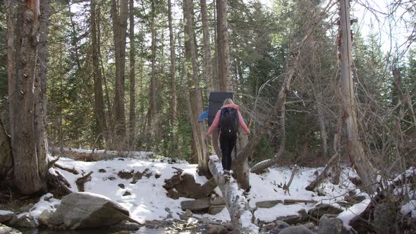 Couple keeping balance as they walk over log tilting up alt