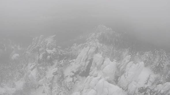 Aerial View of Snowy Foggy Winter Forest During Snowfall in Coniferous Mountain Forests alt