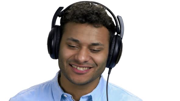 Close Up Happy Cheerful Man Listening Music in Headphones alt