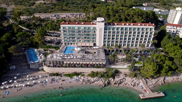 Aerial Drone View of the Hotel and Beach at the Sea