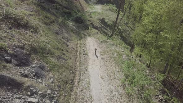 Aerial view of man traveler hiker walking on forest trail in the mountains. Woodland Caucasus Russia