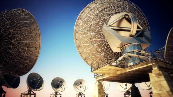 A walk near satellite dishes circular array in infinite space. Loopable. HD alt