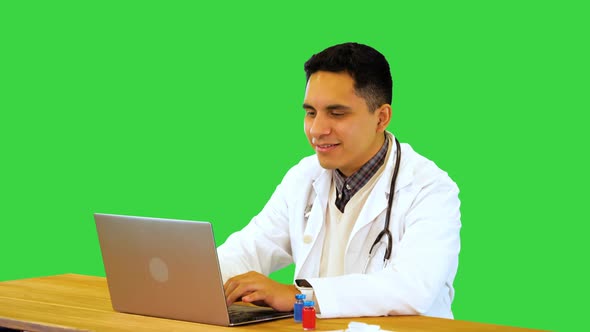 Hispanic Doctor Finish Online Video Consultation of Sick Patient on Laptop About Coronavirus Disease
