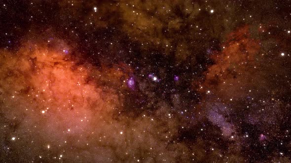 Intergalactic travel through neon brown-orange glowing clusters of stars and galaxies. alt