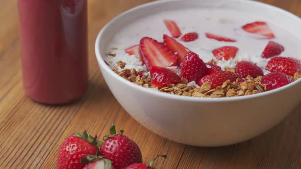Rotating Breakfast with Yogurt, Granola, with Superfood Toppings, Closeup View alt