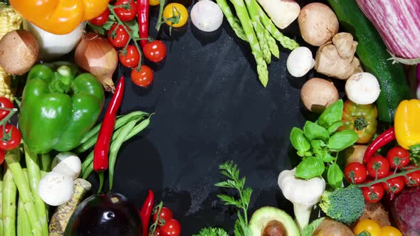 Black Stone Cooking Background. Vegetables and Salads. Away from a Close-up to  Wide Shot. alt