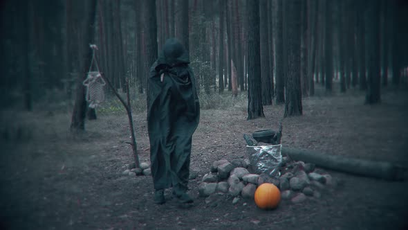 Terrible dark figure walk in the forest. Scene for Halloween