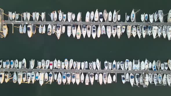 Overhead Aerial View of Rimini Port and Docked Boats in Summer Season, Italy alt