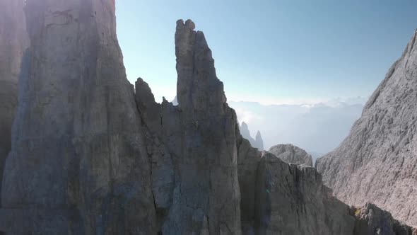 Drone Circle Around Vajolet Towers Mountain in Dolomites Italy