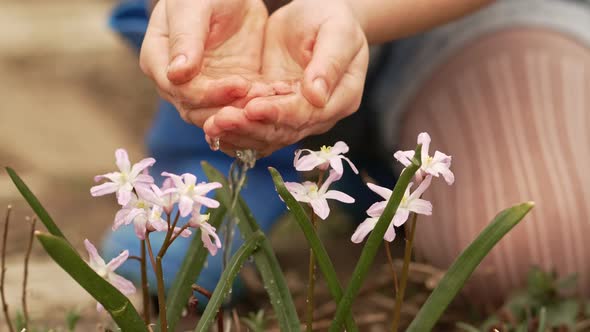 a Little Girl Watering Flowers From the Palms of Her Hands alt
