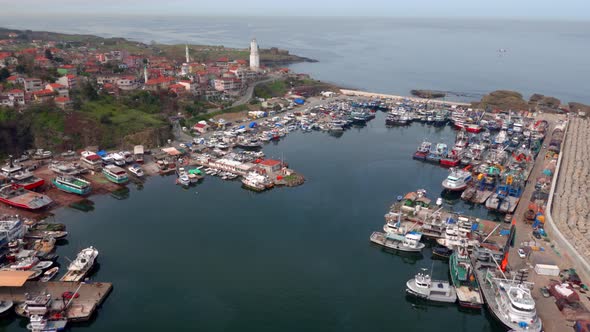 Aerial view of the Rumelian fishing port at the Bosphorus, Istanbul, Turkey. alt