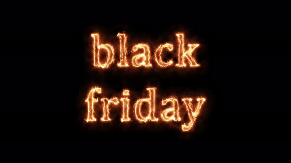 Black Friday is on fire. Animation on a black background letters 4K video is burning in a flame.