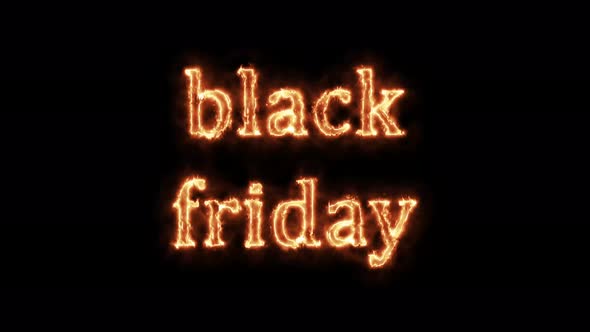 Black Friday is on fire. Animation on a black background letters 4K video is burning in a flame. alt