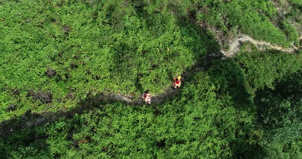 Aerial view of two women friends ultramarathon runners running down on mountain alt