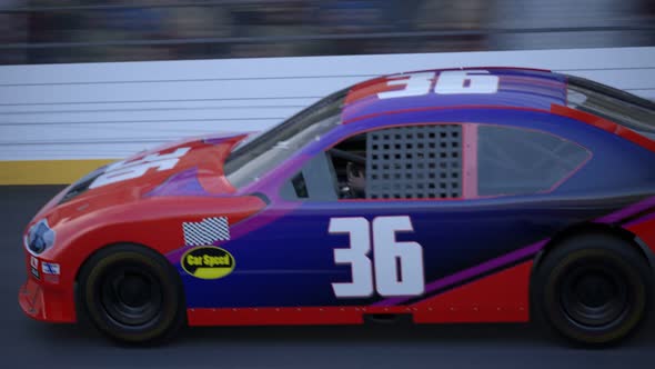 Speeding racing cars. Dynamic camera. Flying near the cars and passing through. alt