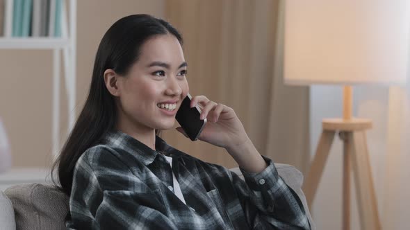 Asian Korean Japanese Chinese Girl Millennial Woman Friendly Remote Talking with Mobile Phone alt